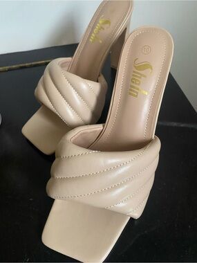 SHEIN Beige Quilted Square Toe High Heel Mules